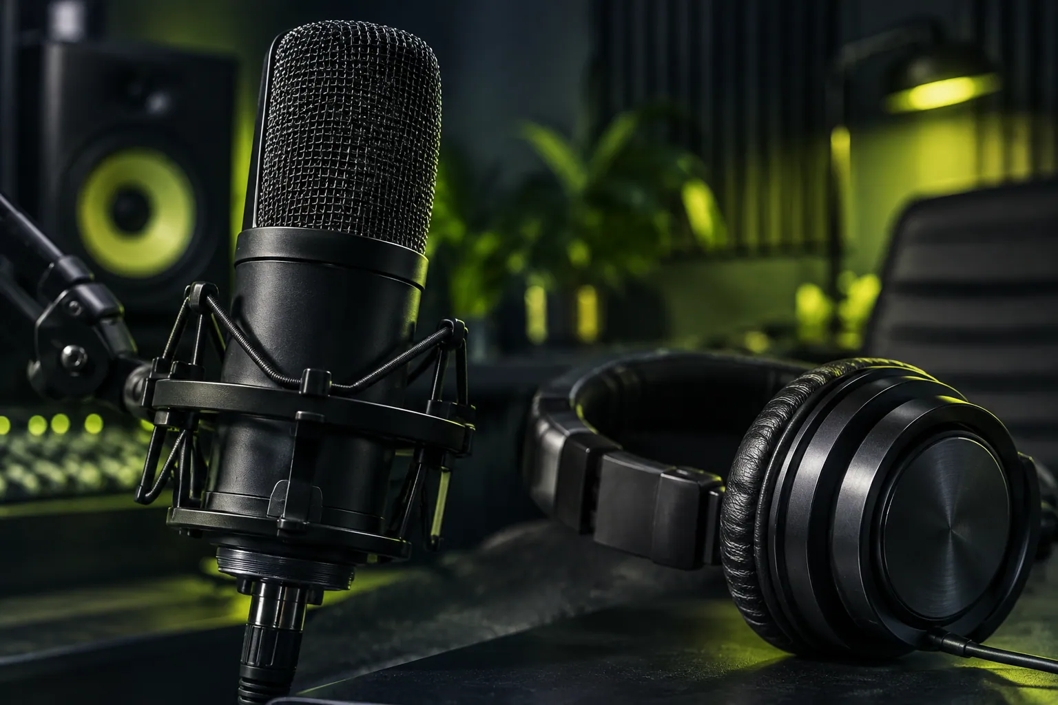Mikrofon studio hitam dan headphone dengan pencahayaan hijau