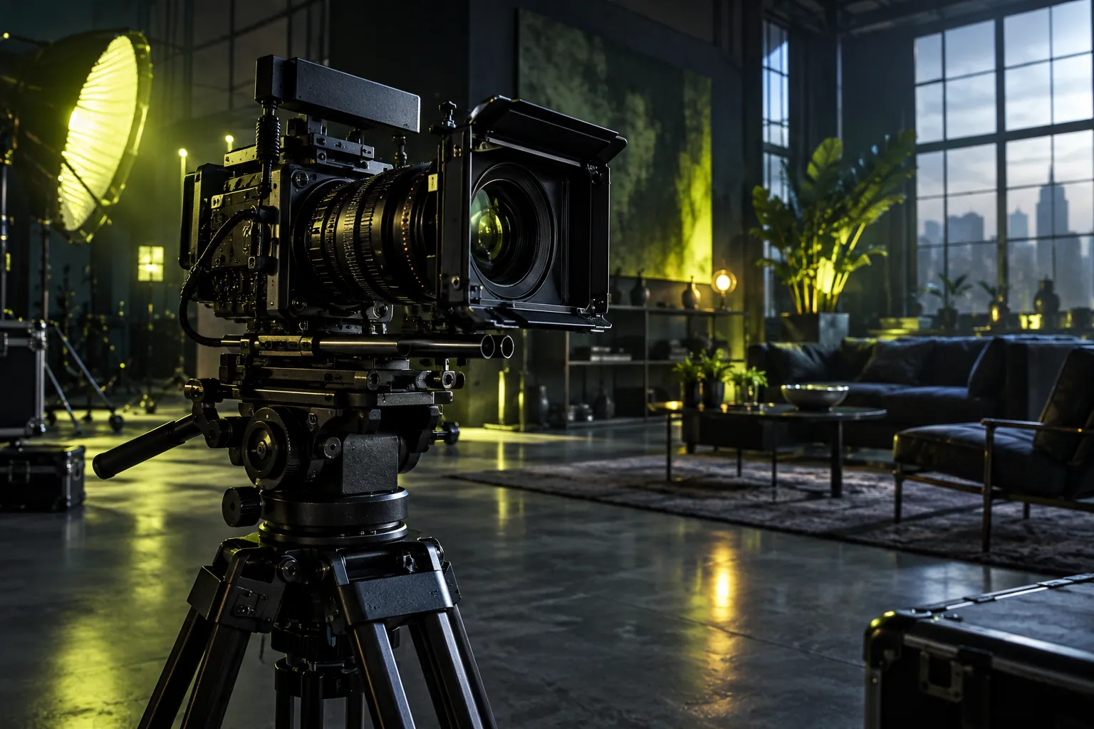 Kamera sinema dalam studio dengan pencahayaan hijau