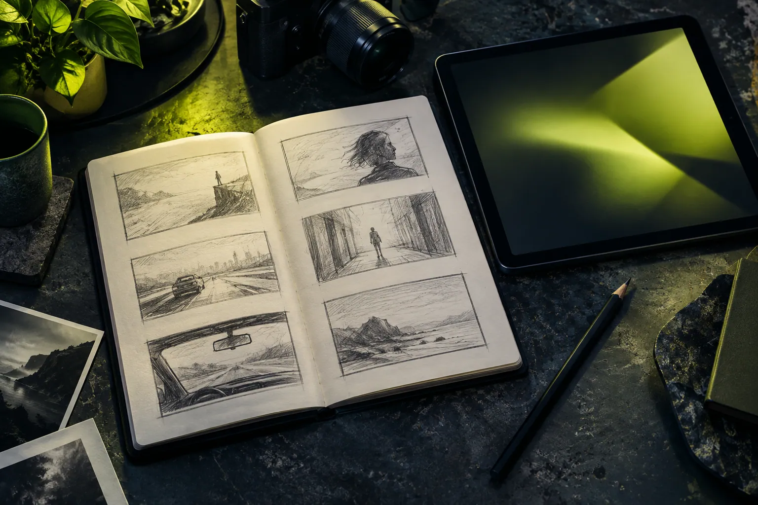 Buku catatan, sketsa storyboard, kamera, dan tablet di meja kreatif